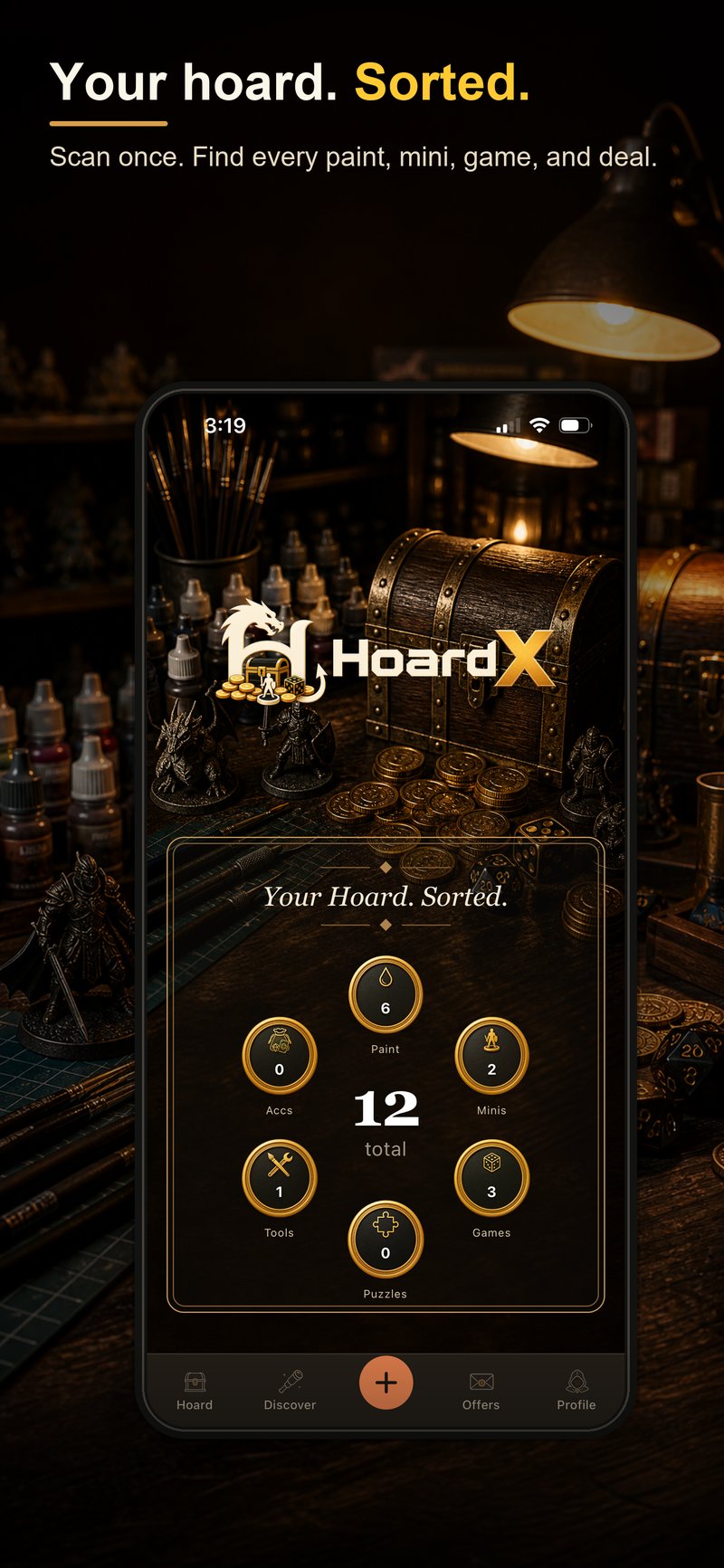 HoardX home screen showing categorized inventory